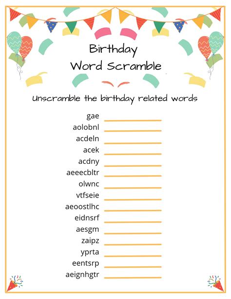 Birthday Word Scramble For Kids And Adults Of All Ages Etsy