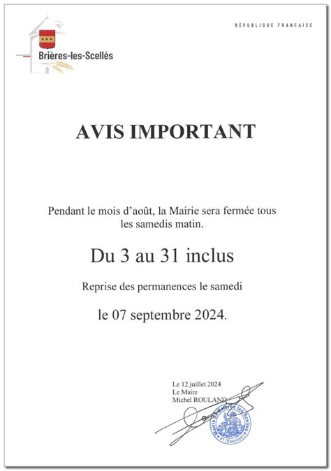 Fermeture De La Mairie De Bri Res Les Samedis Du Mois D Ao T