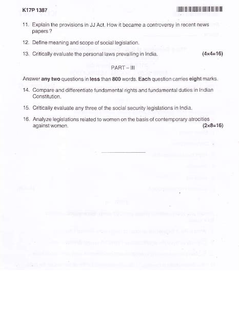 Kannur University M S W Third Semester Social Legislation November 2017 Question Paper