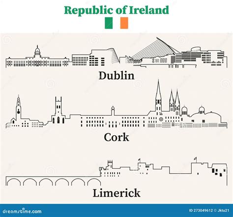 Republic of Ireland Cities Outline Skylines Vector Set Stock Vector ...