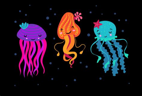 Three Cute Jellyfish Of Purple Orange And Turquoise Color With