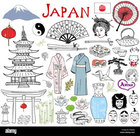 Japan Doodles Elements Hand Drawn Sketch Set With Fujiyama Mountain