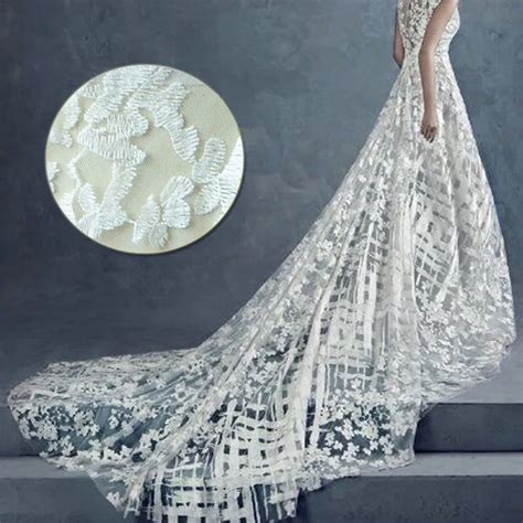 Embroidery Lace Fabrics Stereo Flower Wedding Dress Fabric Ivory White