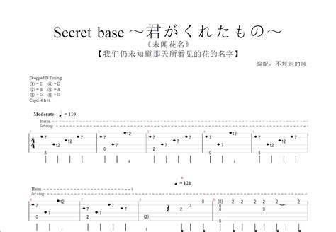 Secret Base ～君がくれたもの～吉他谱未闻花名d调指弹 吉他世界