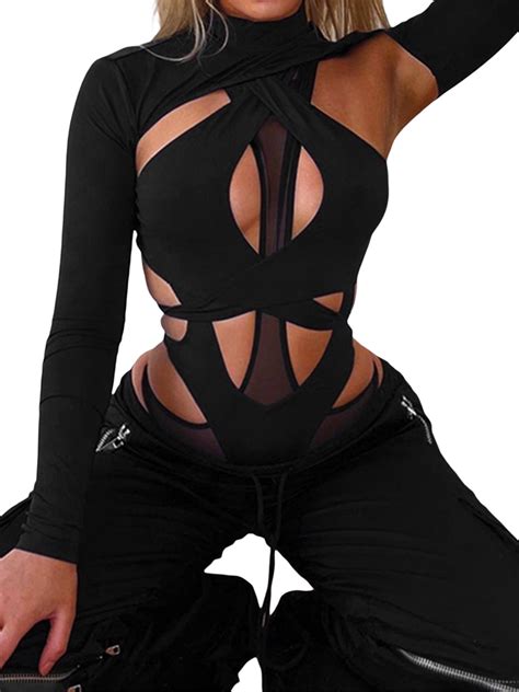 Goth Black Cutout Bodysuit For Women Long Sleeve High Neck Leotard Tops