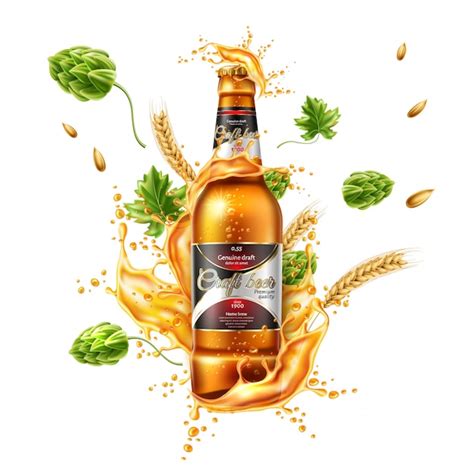 Premium Vector | Vector realistic beer bottle package with lager beer splash with green hop and ...