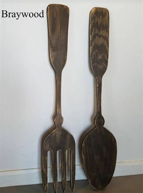 1 Left Large Solid Black Wood Fork And Spoon Wall Decor Etsy Kitchen Wall Hangings