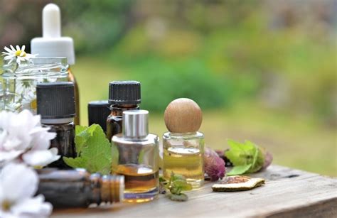 Botellas De Aceite Esencial Con Plantas Y Flores En Una Mesa De Madera