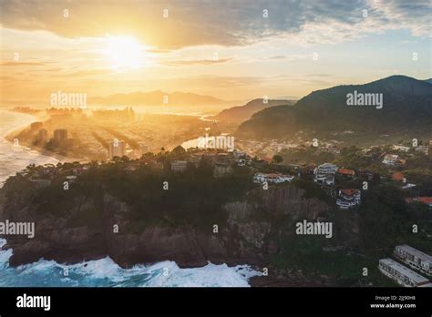 Aerial View Of Barra Da Tijuca Ponta Da Joatinga At Sunset Rio De