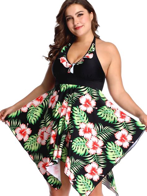 Sexy Dance Women Plus Size Swim Dress Tummy Control Swimsuit Ruffles