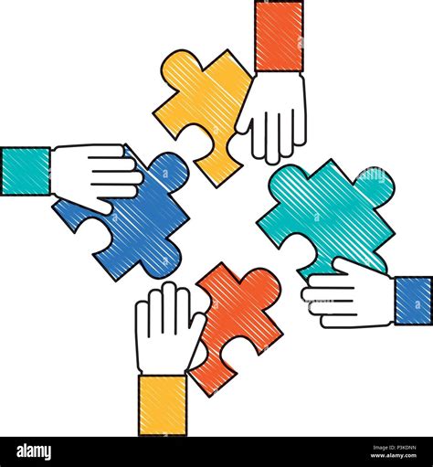 Hands With Pieces Puzzles Connected Teamwork Vector Illustration Stock