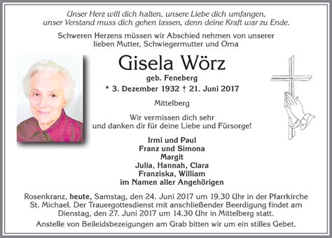 Traueranzeigen von Gisela Wörz Augsburger Allgemeine Zeitung