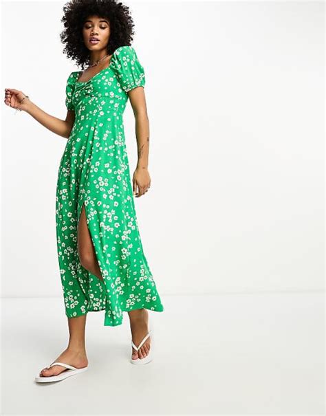 And Other Stories Puff Sleeve Midi Dress In Green Print Asos