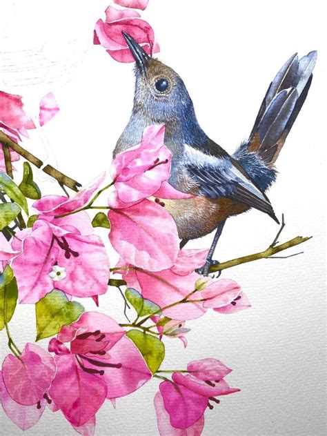 Watercolor Painting of Bird with Pink Flowers