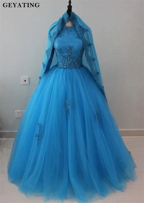 Arabia Blue Muslim Ball Gown Wedding Dresses Long Sleeves High Neck