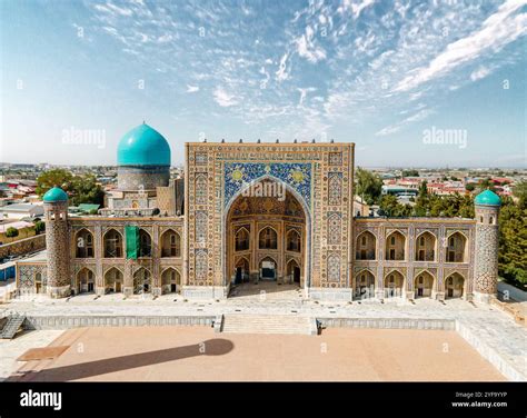 Samarkand Uzbekistan Aerial View Of The Registan Square Translation