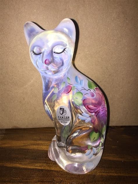 Fenton Opalescent Glass Cat W Hand Painted Flowers Signed Hand