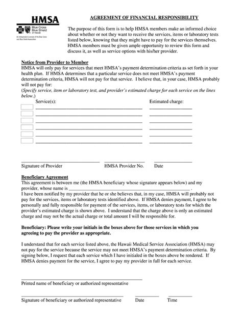 Fillable Online Agreement Of Financial Responsibility Hmsa Fax Email Print Pdffiller