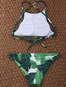 18 OFF 2021 Palm Leaf Print High Neck Bikini In GREEN ZAFUL