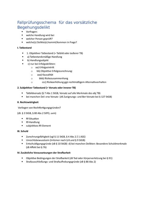 Fallprüfungsschema für das vorsätzliche Begehungsdelikt
