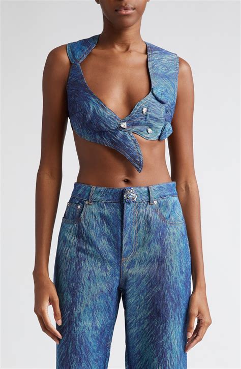 Area Fox Asymmetric Faux Fur Print Crop Top Indigo Multi Editorialist