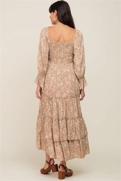 Beige Floral Cutout Smocked Tiered Maxi Dress Pinkblush