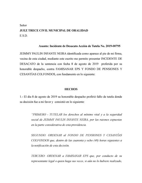 Incidentededesacato Incidente De Desacato De Fallo De Tutela Por No