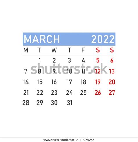 March 2022 Calendar March 2022 Calendar Stock Vector Royalty Free