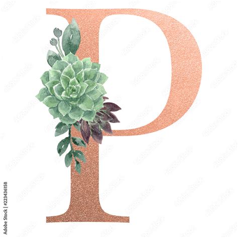 Watercolor Monogram Alphabet Letter P Rose Gold Foil Stock Illustration