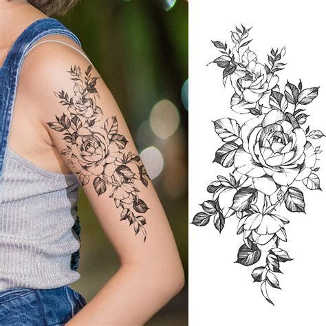 Cheap 1pc 3d Black Rose Temporary Tattoos Beautiful Black Pencil Sketch