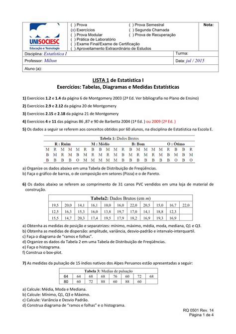 Pdf Lista De Estat Stica I Exerc Cios Tabelas Diagramas E