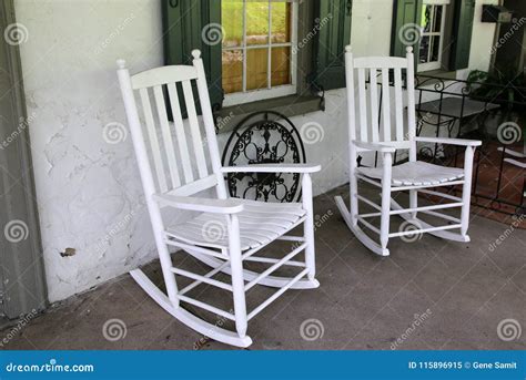 Two White Rocking Chairs On The Porch Stock Image Image Of Seat