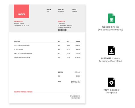 Google Sheets Invoice Template. Clean Invoice Design, Business Invoice Template Spreadsheet. - Etsy