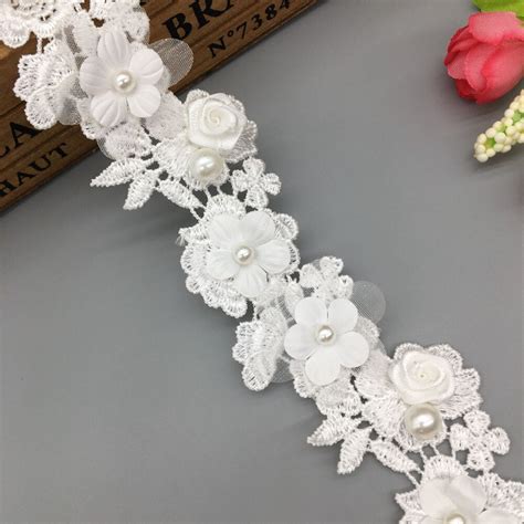 Yard White Pearl Rose Flower Embroidered Lace Trim Ribbon Wedding