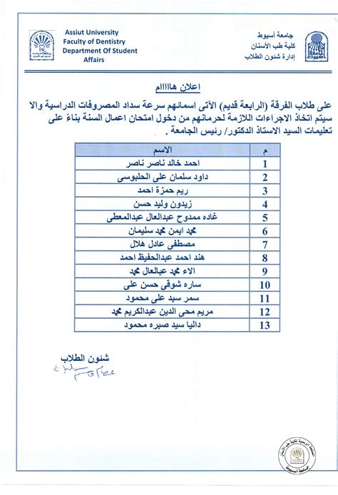 بناءاً على تعليمات السيد الدكتور رئيس الجامعة على طلاب الفرقة الرابعة