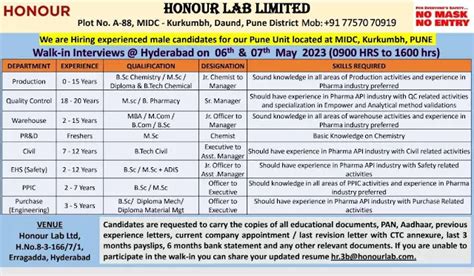 Honour Lab Limited Hiring For Multiple Positions In Pune