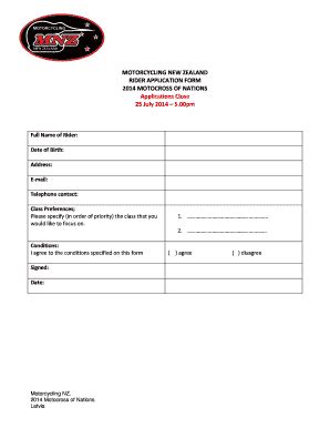 Fillable Online MOTORCYCLING NEW ZEALAND RIDER APPLICATION FORM Fax