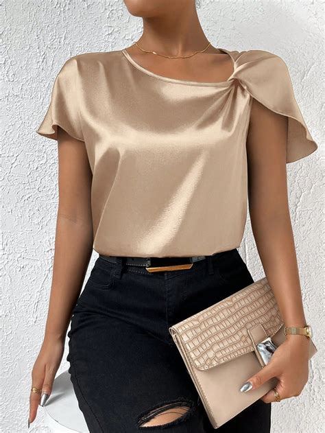 Gola Assim Trica Detalhe De Tor O Cetim Blusa Outfits F R Kvinnor