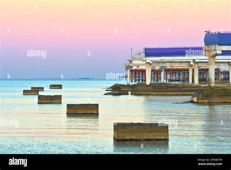 Sea Barriers At Dawn Old Coastal Structures On The Black Sea Beach In