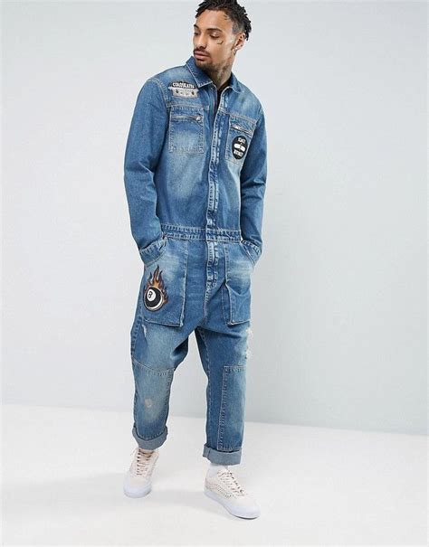 ASOS Denim Boiler Suit With Badges In Mid Blue Straight Jeans Outfit