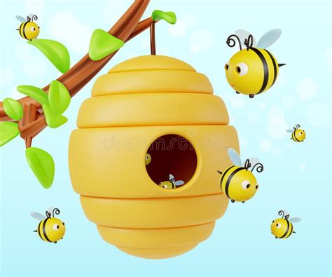 D Hive Hanging On A Tree Branch With Flying Around Bees Cartoon Style