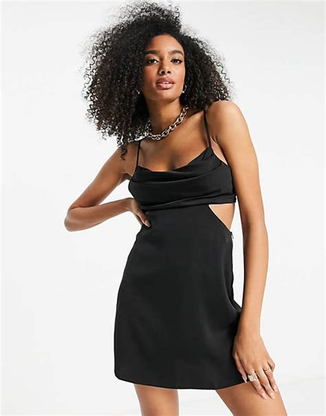 Asos Design Satin Bias Mini Dress With Pleated Bodice And Cut Out