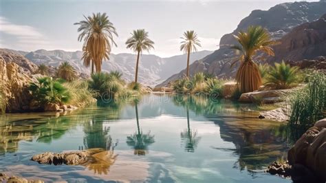 Oasis Paradize In A Desert Magical And Mystical Nature Landscap Stock