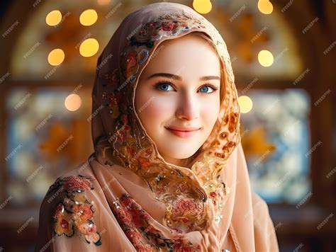 Premium Photo Smiling Beautiful Muslim Woman In Hijab With Lights Bokeh Eid Mubarak Ramadan