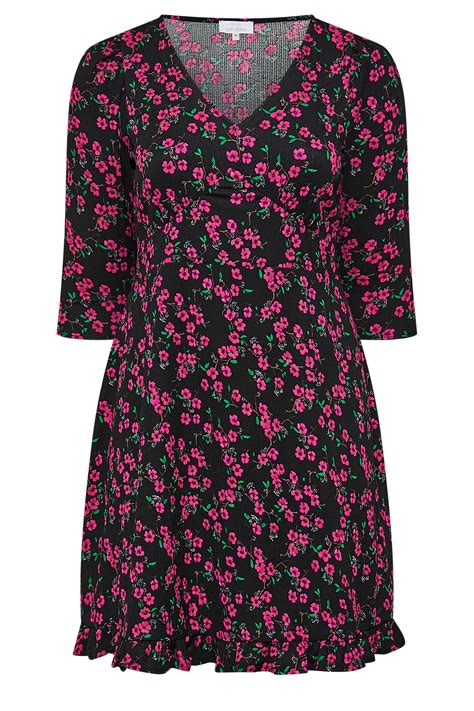 Plus Size Black And Pink Ditsy Print Frill Trim Dress Yours Clothing