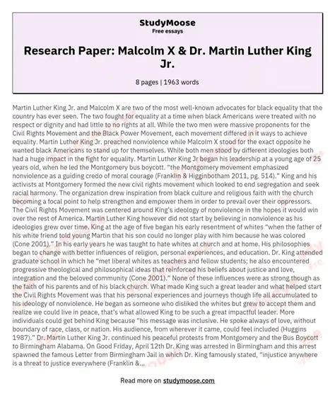 Research Paper Malcolm X And Dr Martin Luther King Jr Free Essay Example