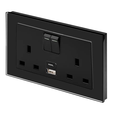 Crystal 31a Usbc And 13a Dp Double Plug Socket With Switch Black Pg