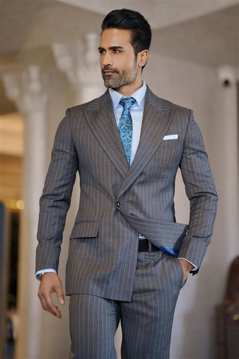 Gray Slim Fit Striped Wedding Formal Blazer Suits Bharat Reshma