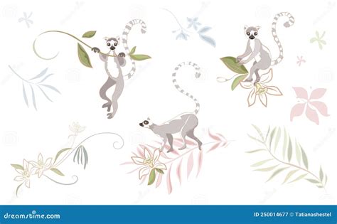 Vector Hand Drawn Illustration Of Cute Funny Lemurs On Branch On White Background Isolated Stock