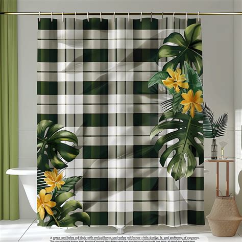 Green Tropical Leaves Shower Curtain With Elegant Square Pattern Nature